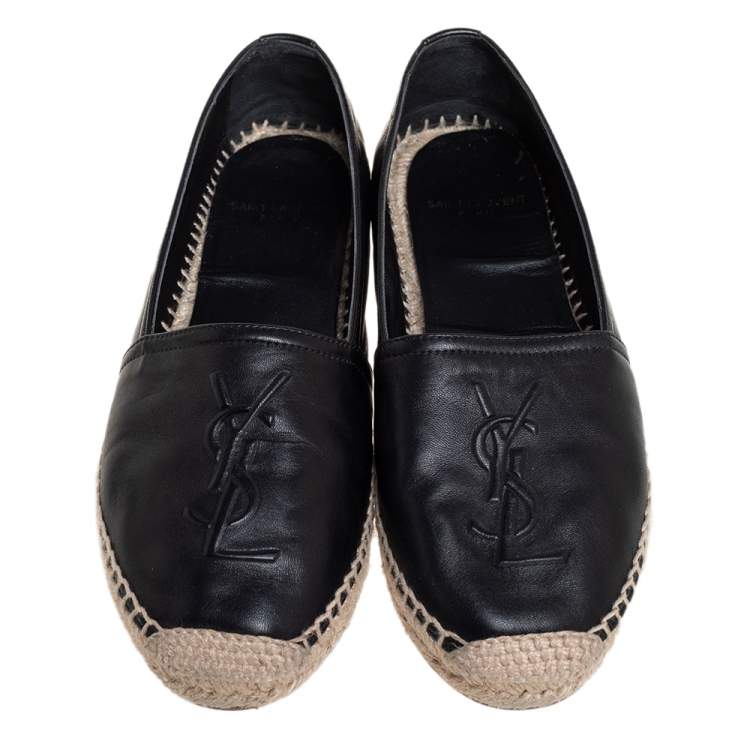 Pre Owned Saint Laurent Black Leather Logo Espadrilles Size 35.5