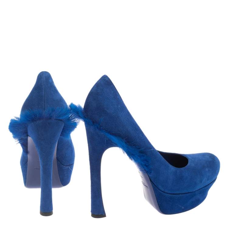 Pre Owned Saint Laurent Blue Suede Mohawk Palais Platform Pumps Size 40