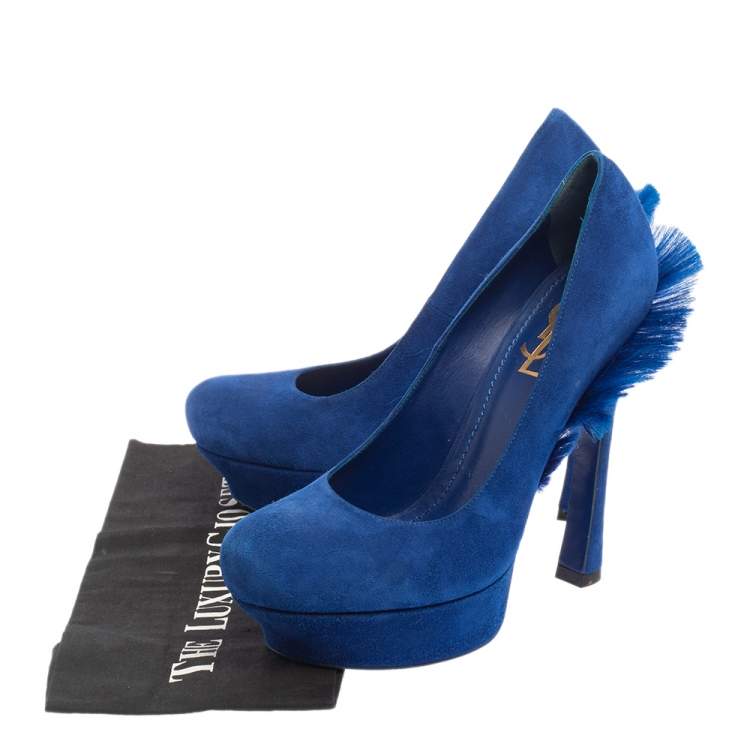 Pre Owned Saint Laurent Blue Suede Mohawk Palais Platform Pumps Size 40
