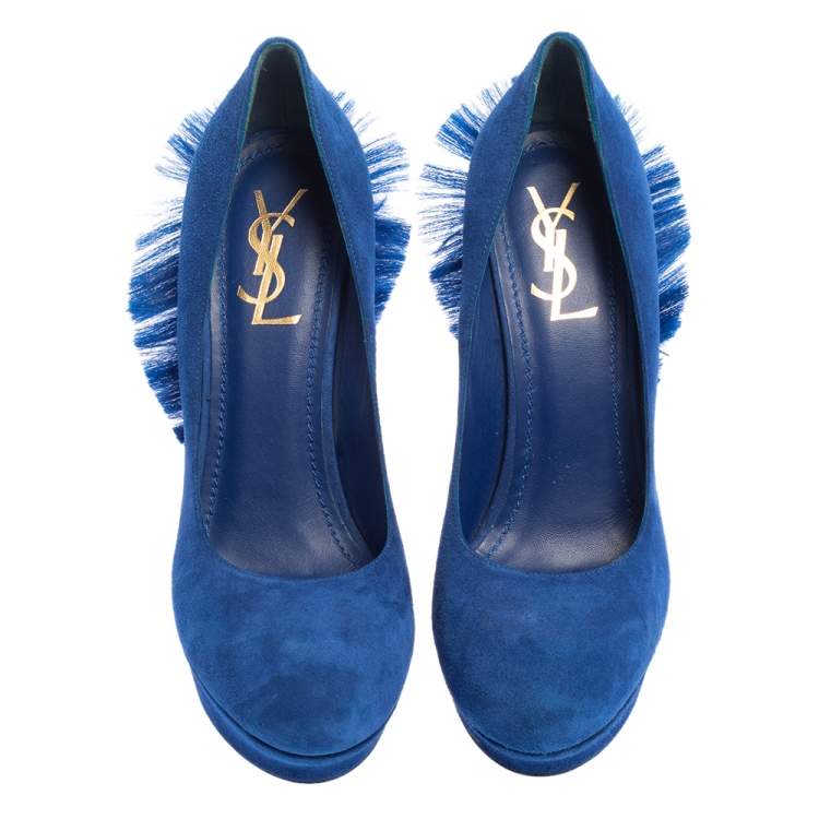 Pre Owned Saint Laurent Blue Suede Mohawk Palais Platform Pumps Size 40