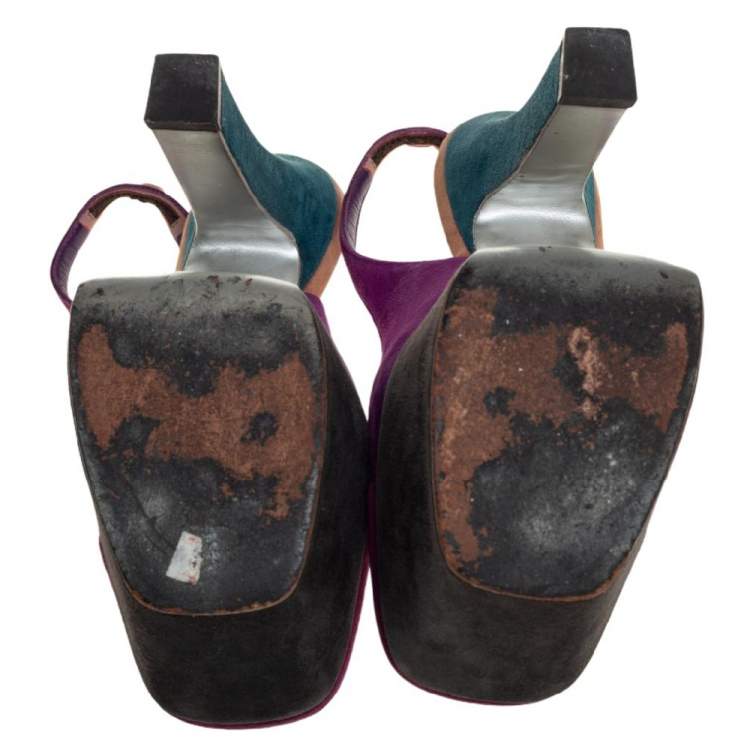 Pre Owned Saint Laurent Tri Color Suede Obsession Slingback Platform Sandals Size 36