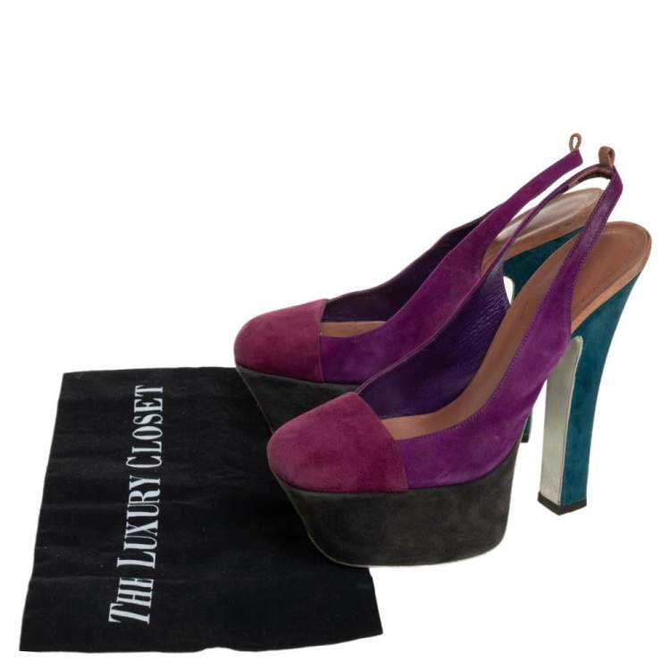 Pre Owned Saint Laurent Tri Color Suede Obsession Slingback Platform Sandals Size 36