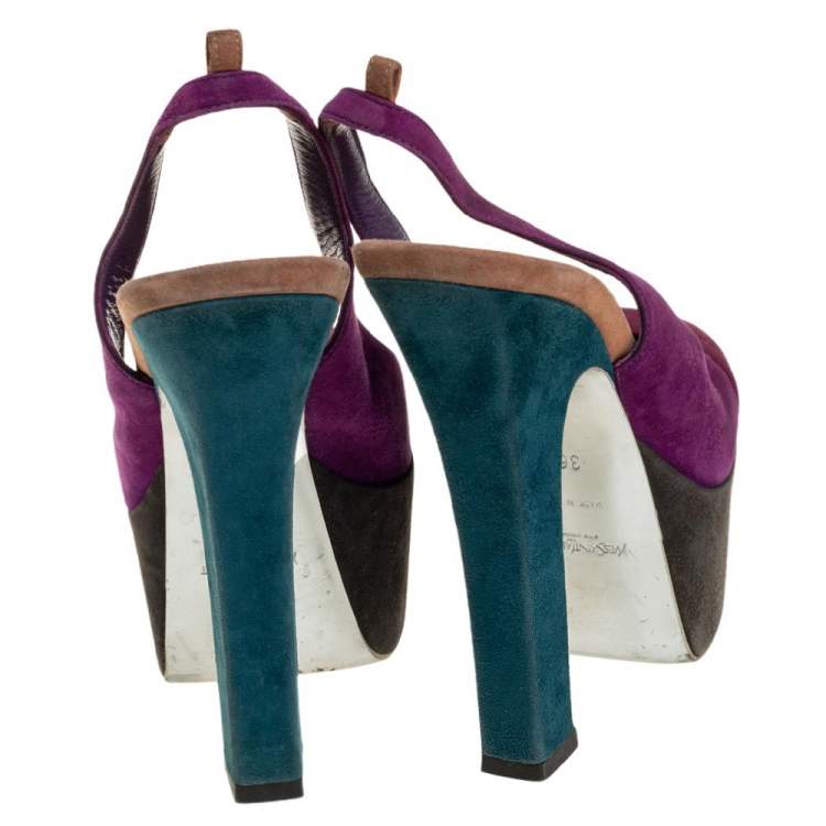Pre Owned Saint Laurent Tri Color Suede Obsession Slingback Platform Sandals Size 36