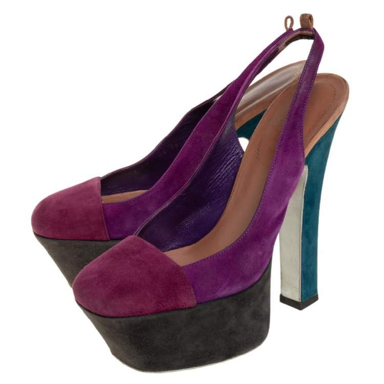 Pre Owned Saint Laurent Tri Color Suede Obsession Slingback Platform Sandals Size 36