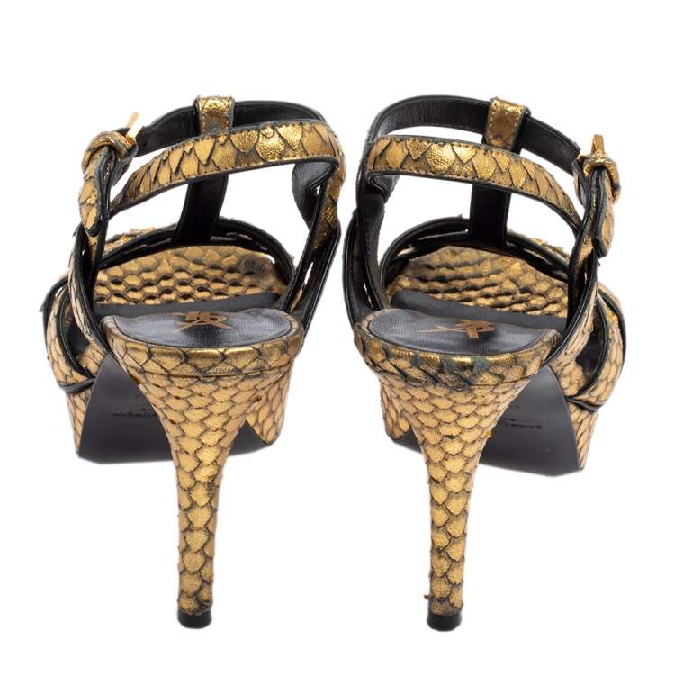 Pre Owned Saint Laurent Gold Python Embossed Leather Tribute Platform Ankle Strap Sandals Size 35
