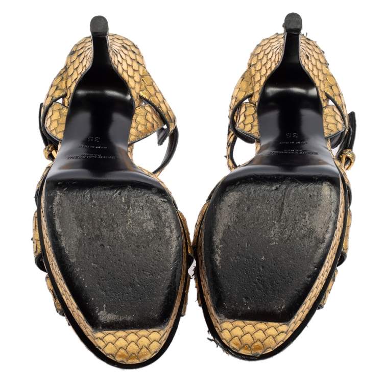 Pre Owned Saint Laurent Gold Python Embossed Leather Tribute Platform Ankle Strap Sandals Size 35