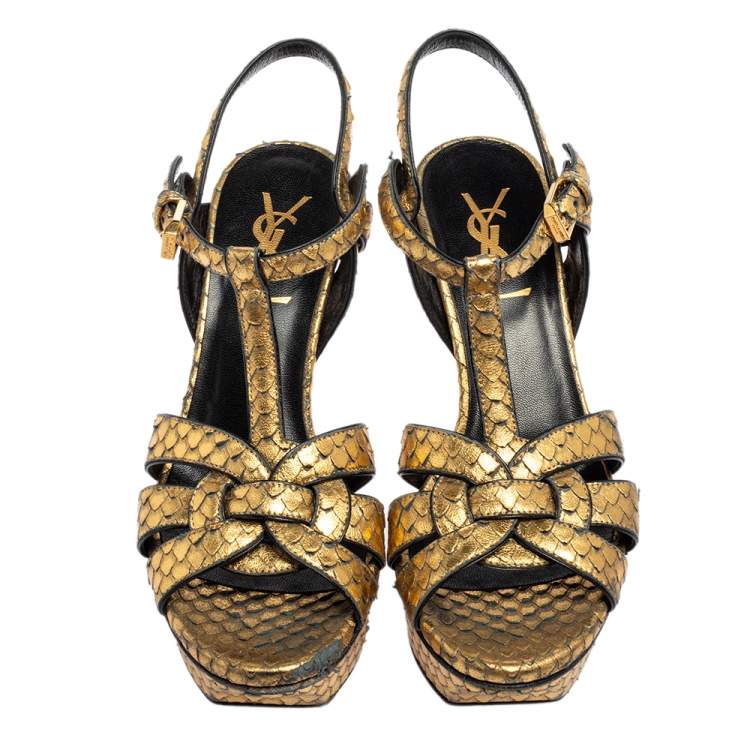 Pre Owned Saint Laurent Gold Python Embossed Leather Tribute Platform Ankle Strap Sandals Size 35