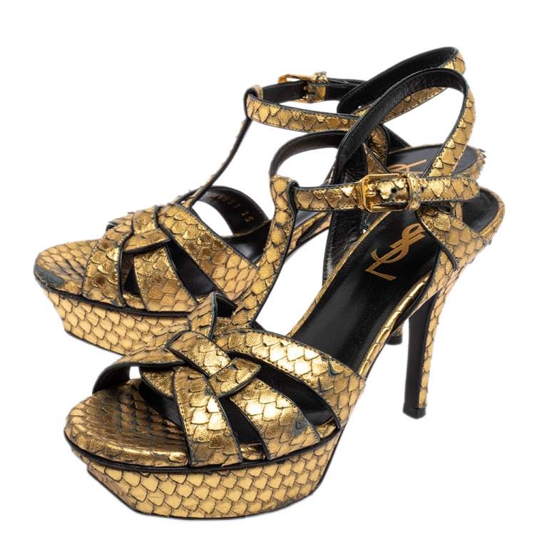 Pre Owned Saint Laurent Gold Python Embossed Leather Tribute Platform Ankle Strap Sandals Size 35