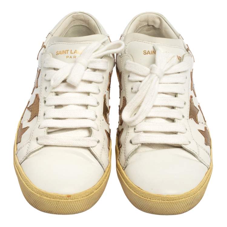Pre Owned Saint Laurent White/Gold Leather Star Alpha Low Top Sneakers Size 35