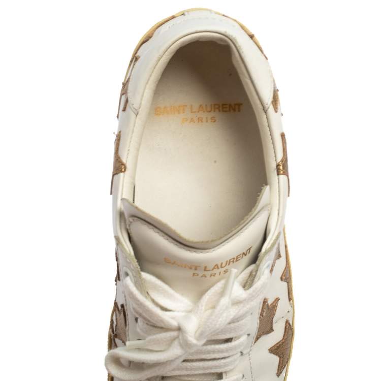 Pre Owned Saint Laurent White/Gold Leather Star Alpha Low Top Sneakers Size 35