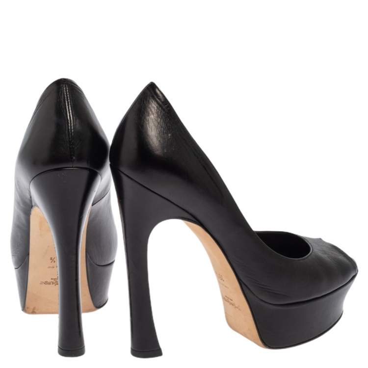 Pre Owned Yves Saint Laurent Black Leather Palais Platform Peep Toe Pumps Size 35.5