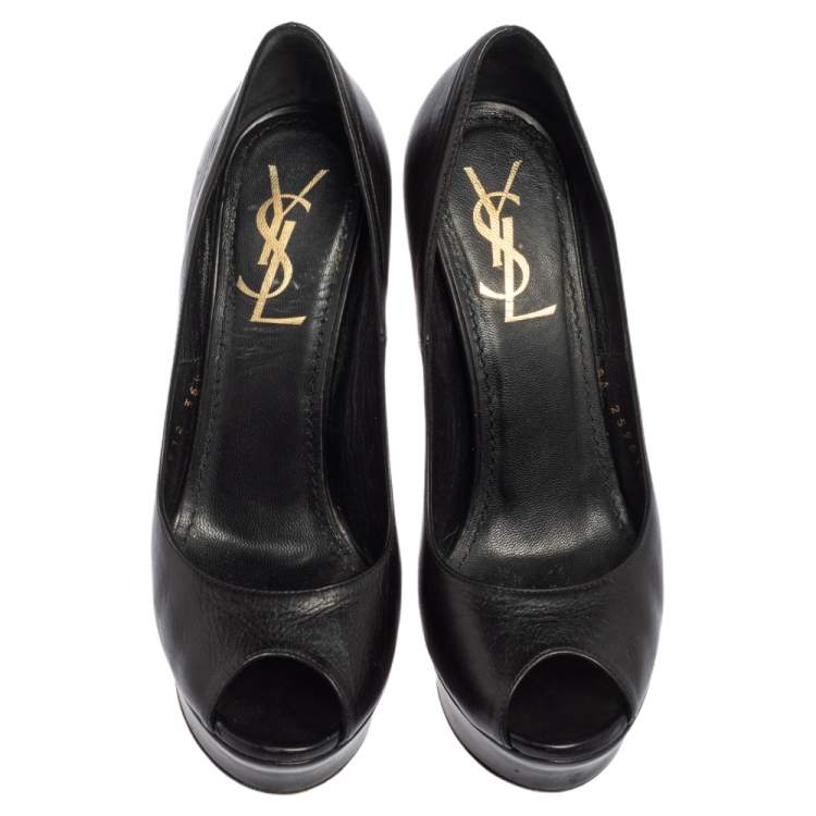 Pre Owned Yves Saint Laurent Black Leather Palais Platform Peep Toe Pumps Size 35.5