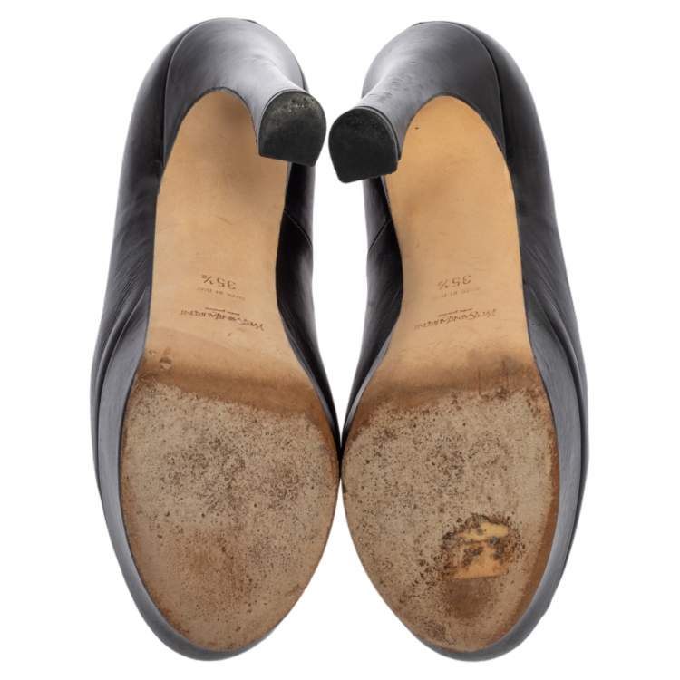 Pre Owned Yves Saint Laurent Black Leather Palais Platform Peep Toe Pumps Size 35.5