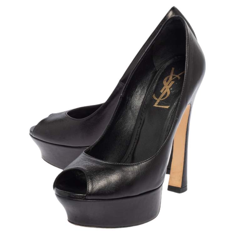 Pre Owned Yves Saint Laurent Black Leather Palais Platform Peep Toe Pumps Size 35.5