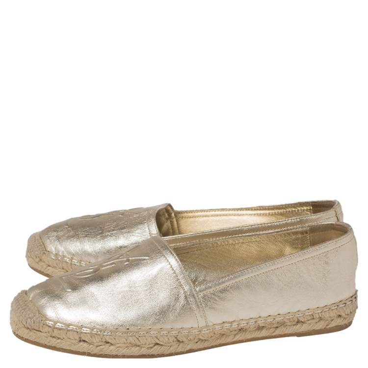 Pre Owned Saint Laurent Gold Leather Espadrille Flats Size 36.5