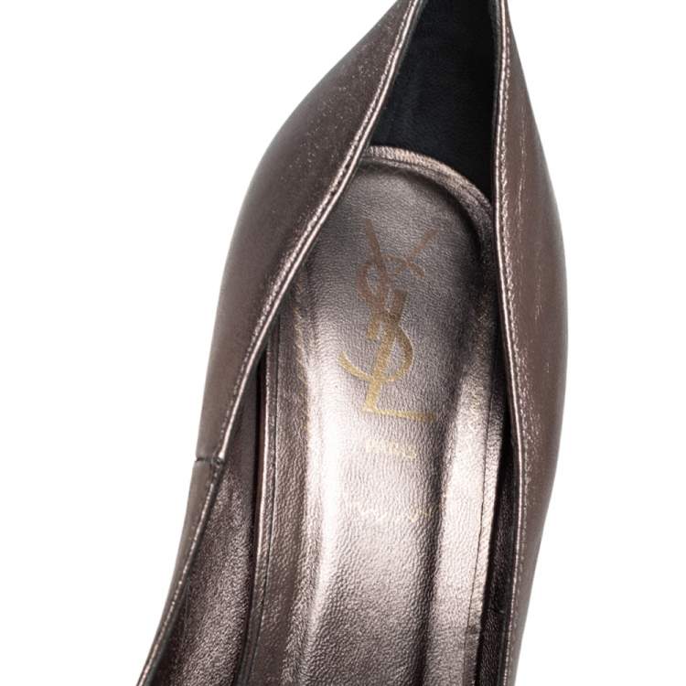 Pre Owned Yves Saint Laurent Metallic Bronze Leather Palais Platform Peep Toe Pumps Size 40