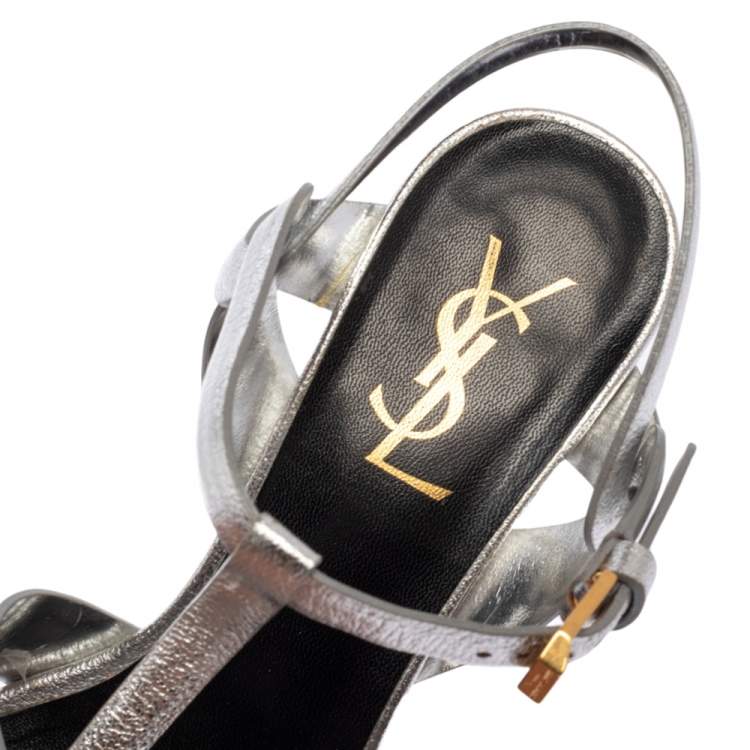 Pre Owned Saint Laurent Sliver Leather Tribute Platform Sandals Size 37.5