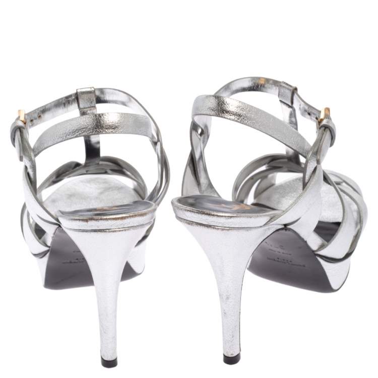 Pre Owned Saint Laurent Sliver Leather Tribute Platform Sandals Size 37.5