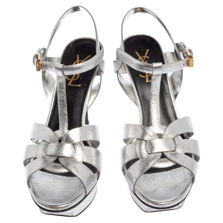 Pre Owned Saint Laurent Sliver Leather Tribute Platform Sandals Size 37.5