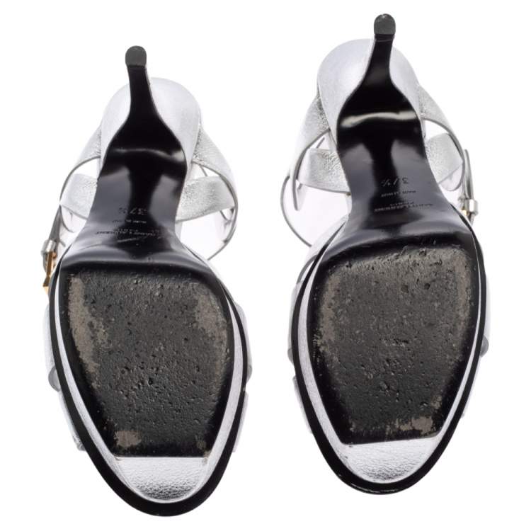 Pre Owned Saint Laurent Sliver Leather Tribute Platform Sandals Size 37.5