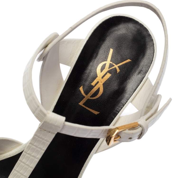 Pre Owned Saint Laurent White Lizard Embossed Leather Tribute Platform Sandals Size 37.5