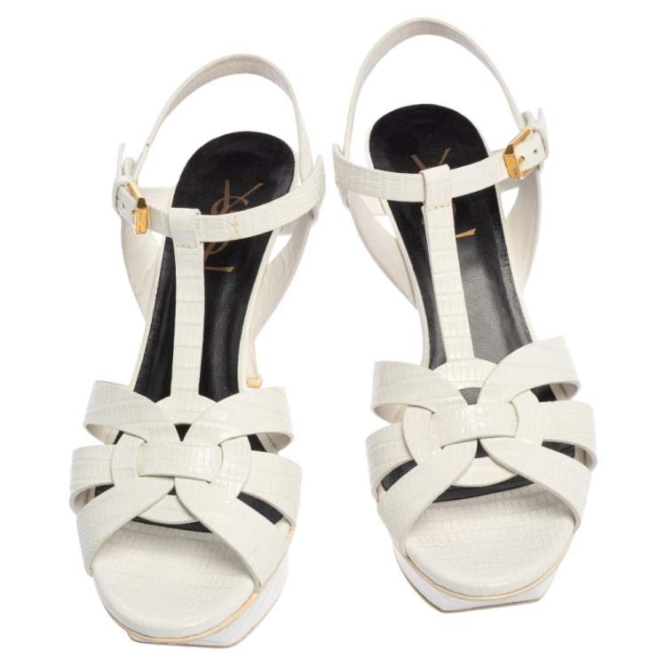 Pre Owned Saint Laurent White Lizard Embossed Leather Tribute Platform Sandals Size 37.5