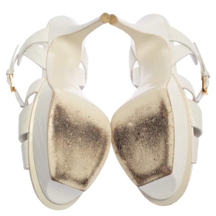 Pre Owned Saint Laurent White Lizard Embossed Leather Tribute Platform Sandals Size 37.5