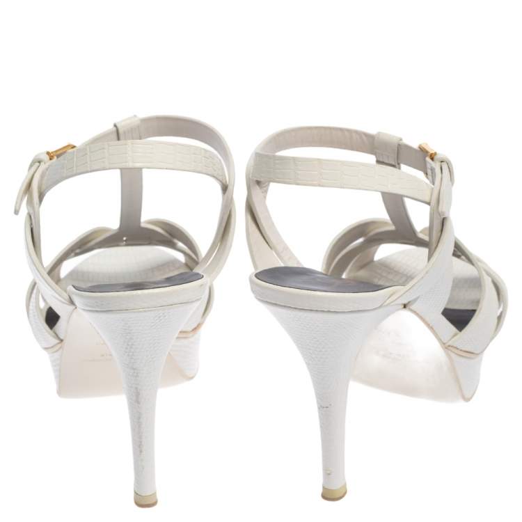 Pre Owned Saint Laurent White Lizard Embossed Leather Tribute Platform Sandals Size 37.5