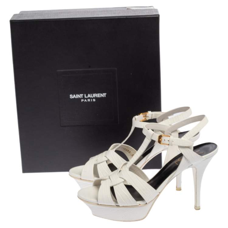 Pre Owned Saint Laurent White Lizard Embossed Leather Tribute Platform Sandals Size 37.5