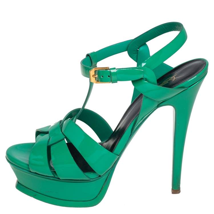 Pre Owned Saint Laurent Green Patent Leather Tribute Sandals Size 37.5