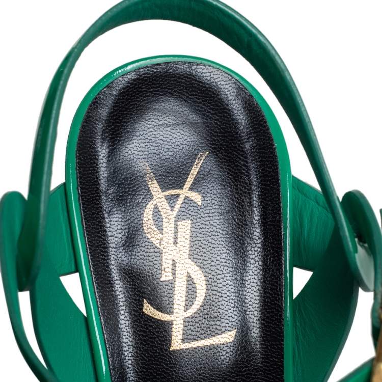Pre Owned Saint Laurent Green Patent Leather Tribute Sandals Size 37.5