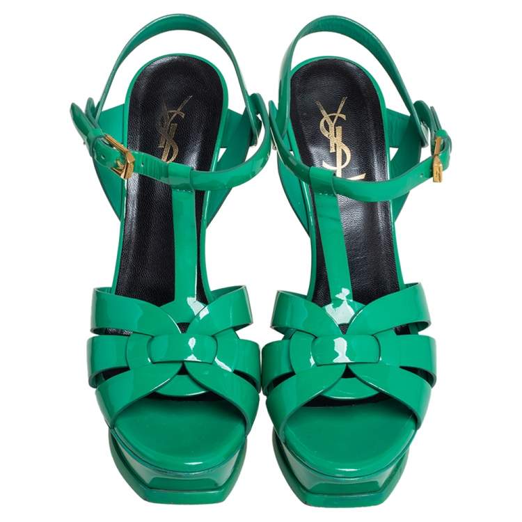 Pre Owned Saint Laurent Green Patent Leather Tribute Sandals Size 37.5
