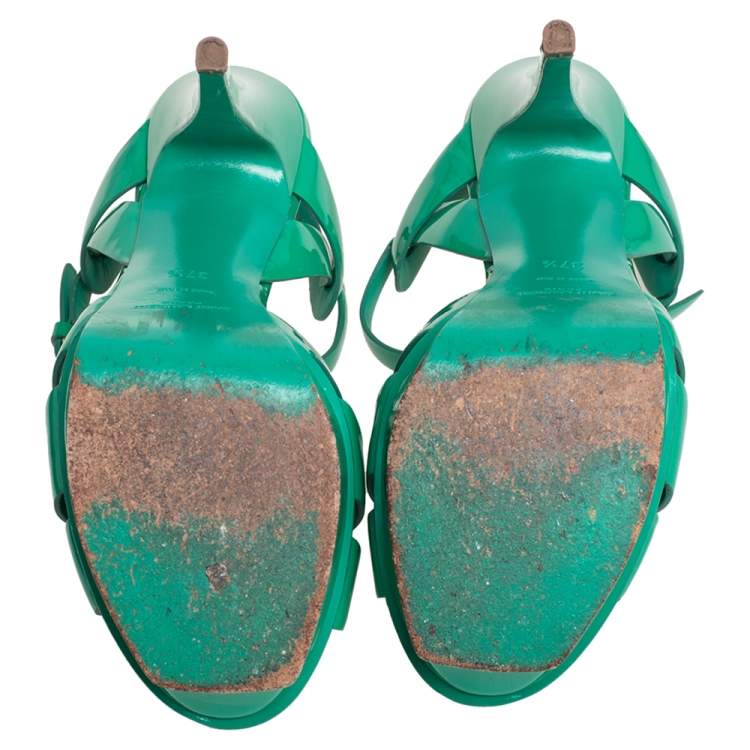 Pre Owned Saint Laurent Green Patent Leather Tribute Sandals Size 37.5