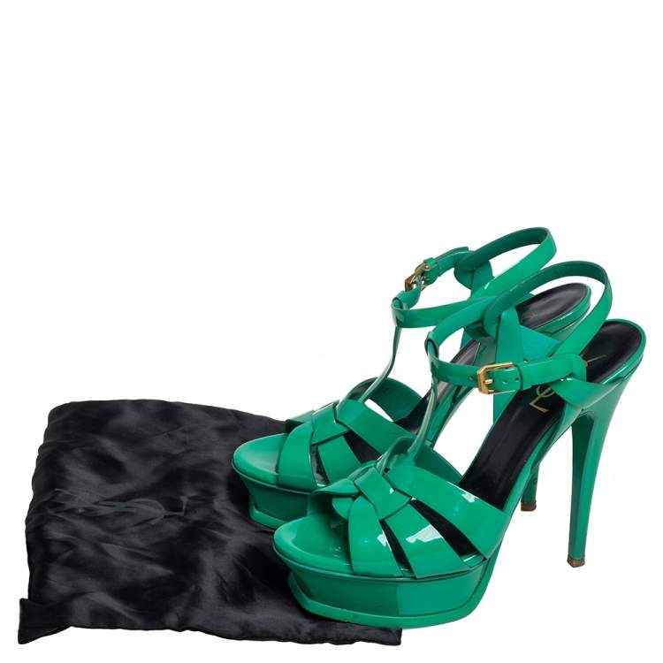 Pre Owned Saint Laurent Green Patent Leather Tribute Sandals Size 37.5