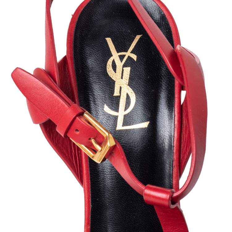 Pre Owned Saint Laurent Red Leather Tribute Ankle Strap Sandals Size 38
