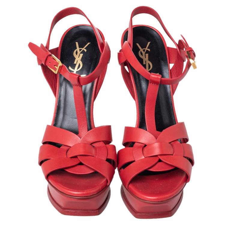 Pre Owned Saint Laurent Red Leather Tribute Ankle Strap Sandals Size 38