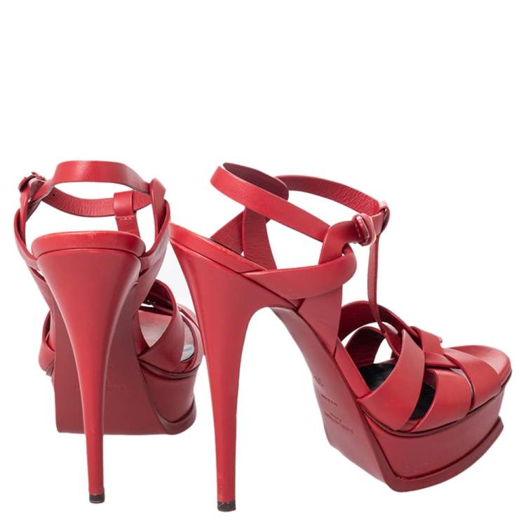 Pre Owned Saint Laurent Red Leather Tribute Ankle Strap Sandals Size 38