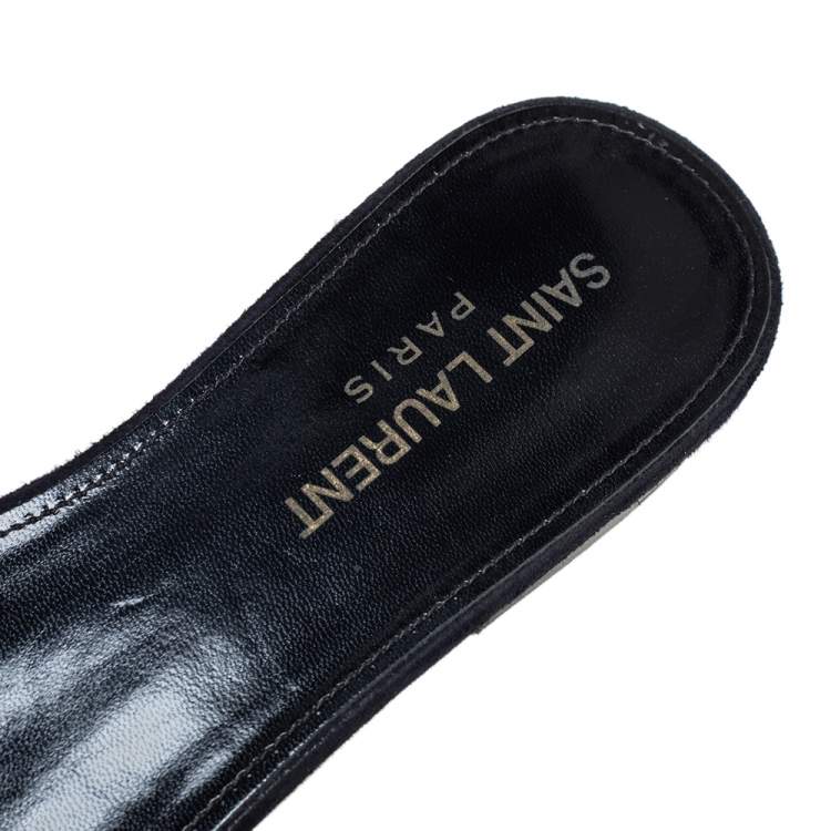Pre Owned Saint Laurent Gold/Black Suede and Leather Trim Tribute Flats Size 36