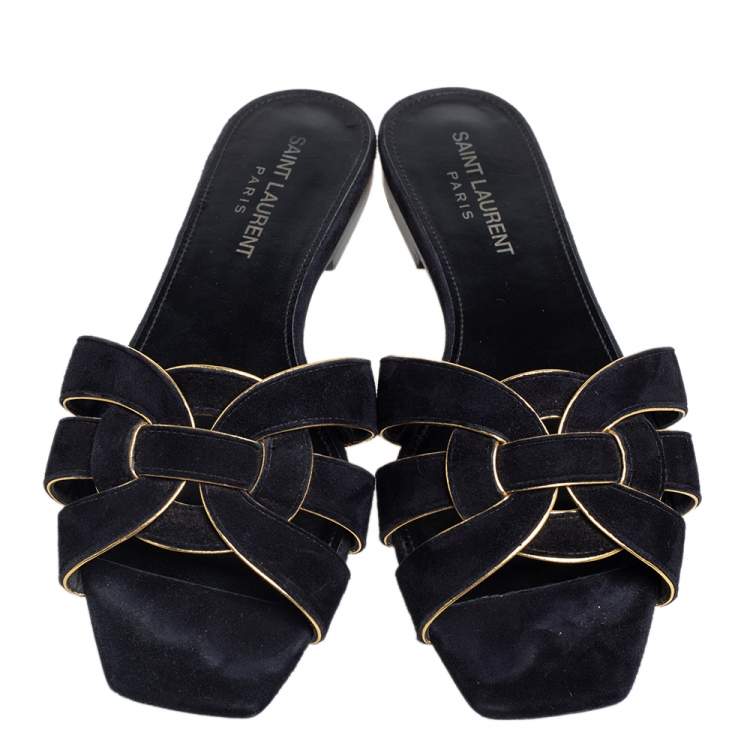 Pre Owned Saint Laurent Gold/Black Suede and Leather Trim Tribute Flats Size 36