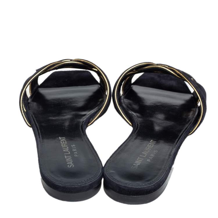 Pre Owned Saint Laurent Gold/Black Suede and Leather Trim Tribute Flats Size 36