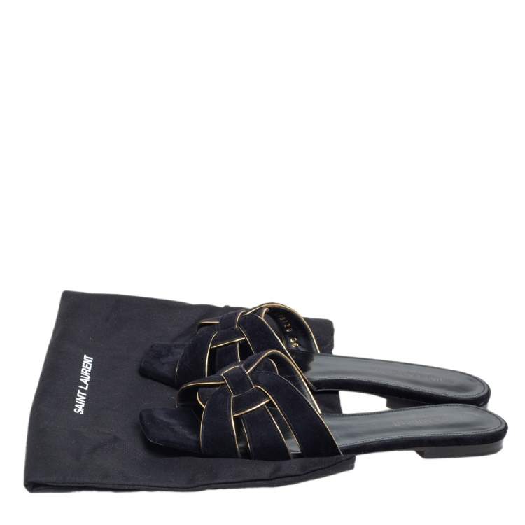 Pre Owned Saint Laurent Gold/Black Suede and Leather Trim Tribute Flats Size 36