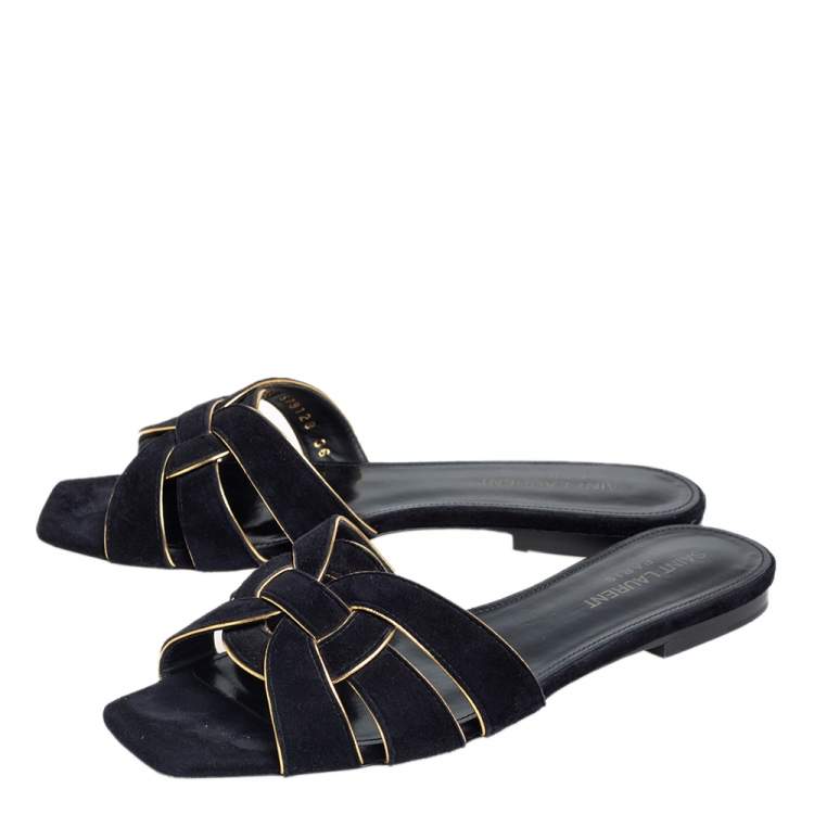 Pre Owned Saint Laurent Gold/Black Suede and Leather Trim Tribute Flats Size 36
