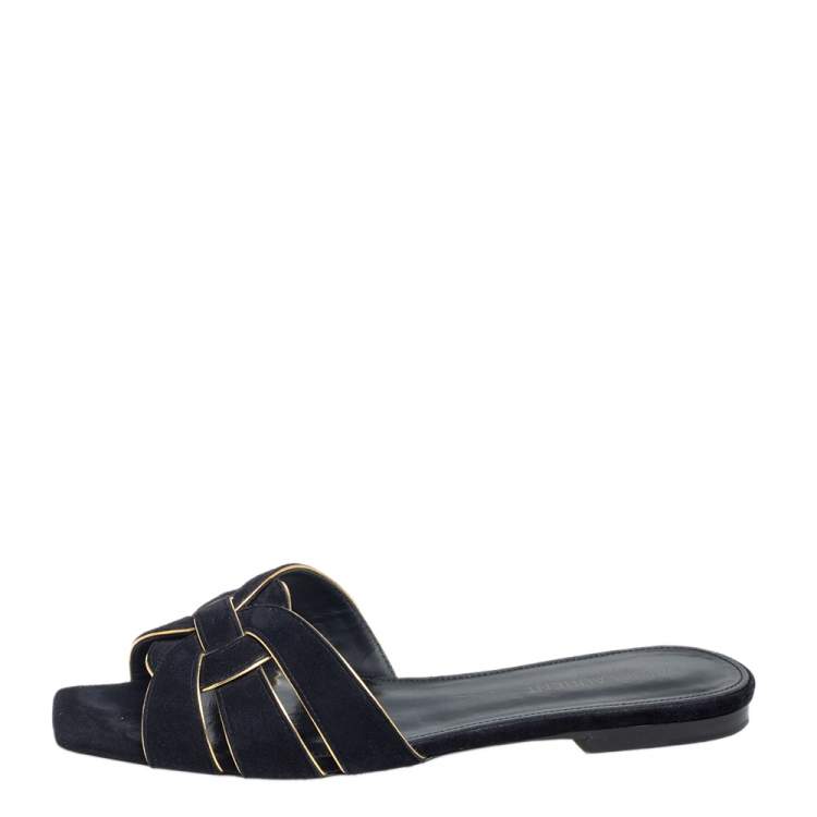 Pre Owned Saint Laurent Gold/Black Suede and Leather Trim Tribute Flats Size 36