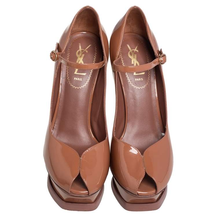Pre Owned Saint Laurent Brown Patent Tribute Mary Jane Pumps Size 38