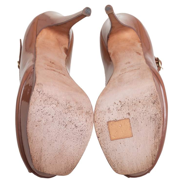 Pre Owned Saint Laurent Brown Patent Tribute Mary Jane Pumps Size 38