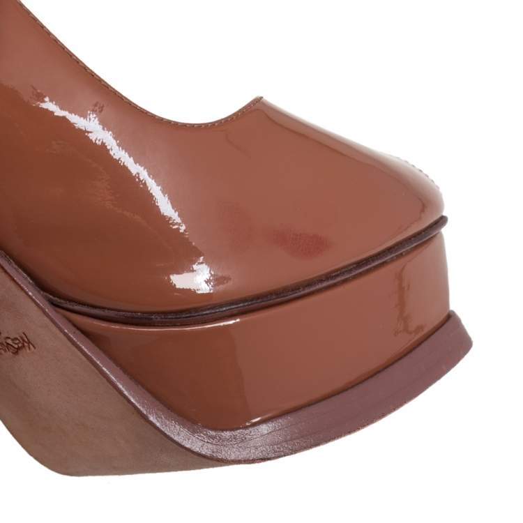 Pre Owned Saint Laurent Brown Patent Tribute Mary Jane Pumps Size 38