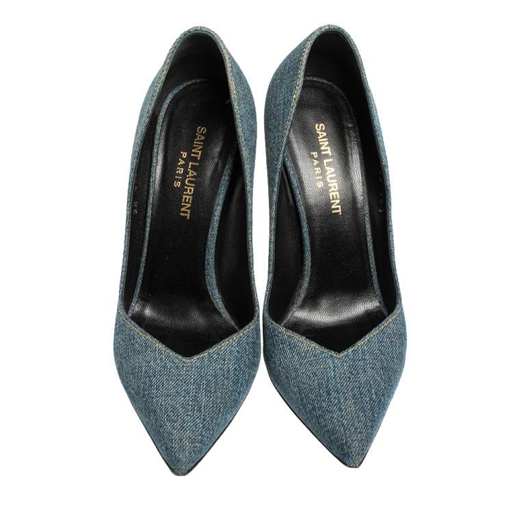 Pre Owned Saint Laurent Blue Denim Escarpin V Pointed Toe Pumps Size 36.5