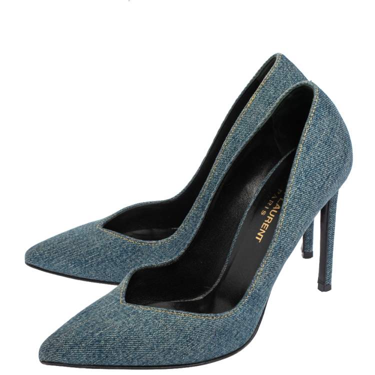 Pre Owned Saint Laurent Blue Denim Escarpin V Pointed Toe Pumps Size 36.5