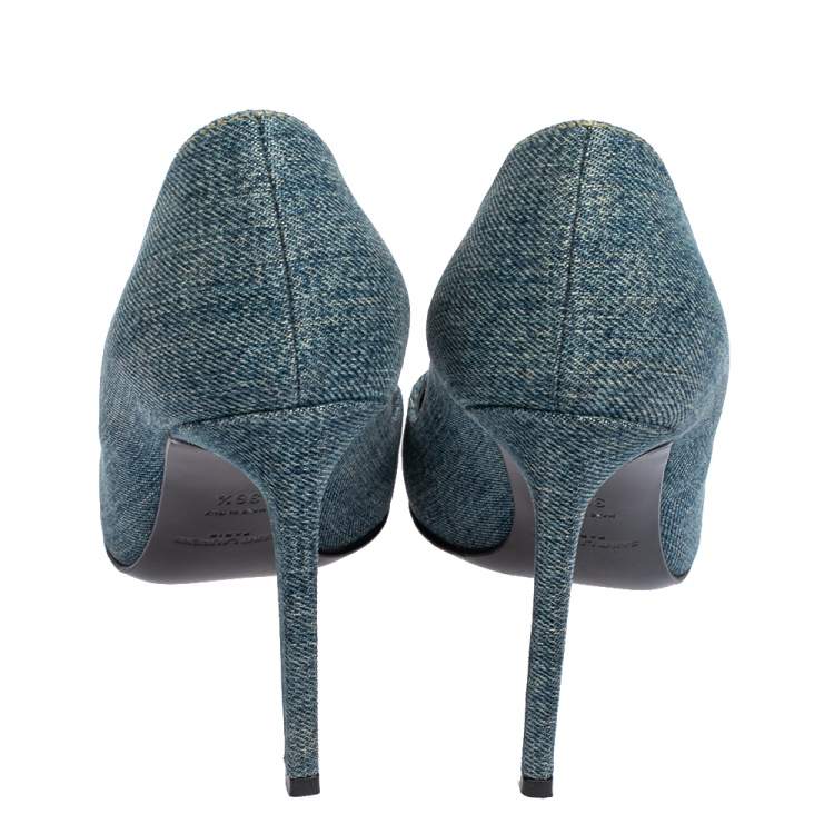 Pre Owned Saint Laurent Blue Denim Escarpin V Pointed Toe Pumps Size 36.5