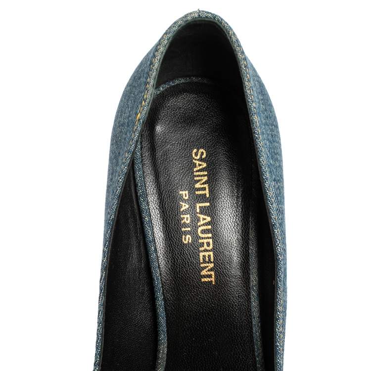 Pre Owned Saint Laurent Blue Denim Escarpin V Pointed Toe Pumps Size 36.5